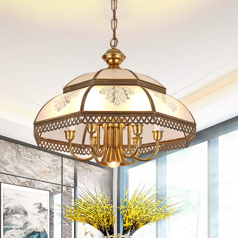 Gold 7 Heads Chandelier Lighting Colonialism Mouth Blown Opaline Glass Dome Pendant Ceiling Light for Dining Room