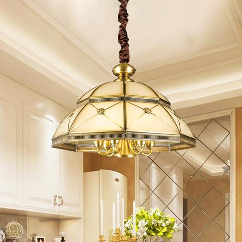 Frosted Glass Gold Pendant Chandelier Bowl 7 Lights Colonialism Ceiling Hang Fixture for Kitchen