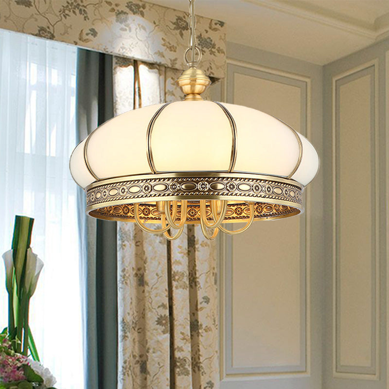 Colonial Oval Hanging Pendant 6 Heads Frosted White Glass Chandelier Lighting Fixture in Gold