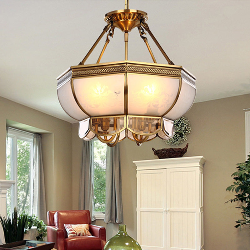4 Bulbs Bowl Hanging Chandelier Colonial Brass Frosted Glass Ceiling Suspension Lamp for Living Room