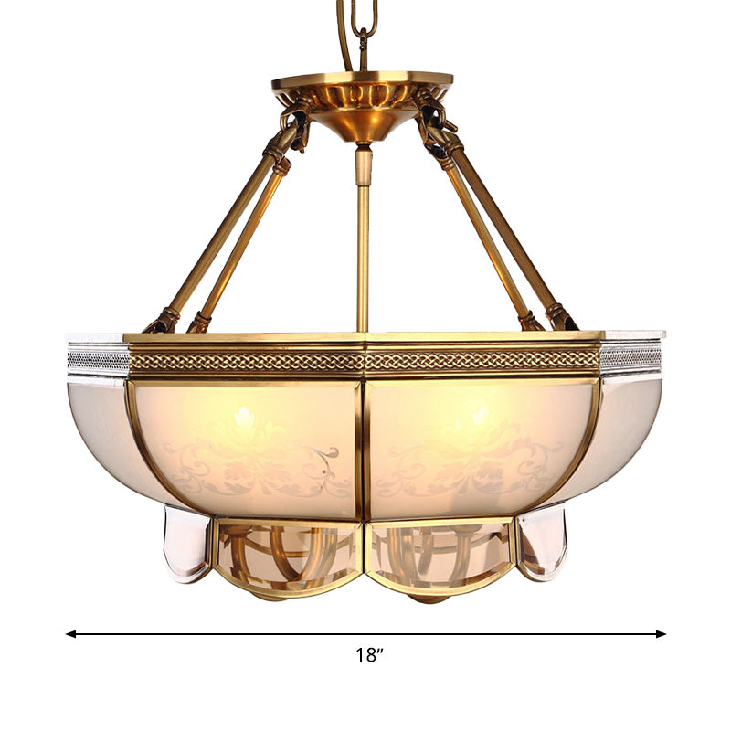4 bulbos tazón araña colgante latón colonial lámpara de suspensión de techo de vidrio esmerilado para sala de estar