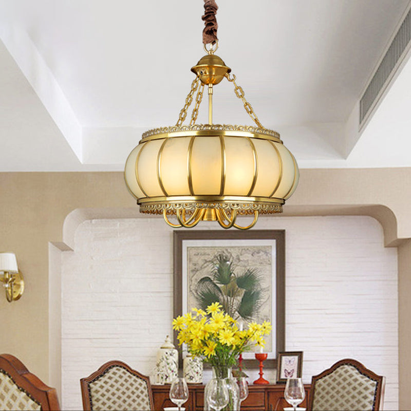Drum Living Room Pendant Chandelier Colonial Opal Blown Glass 4 Heads Brass Hanging Ceiling Light