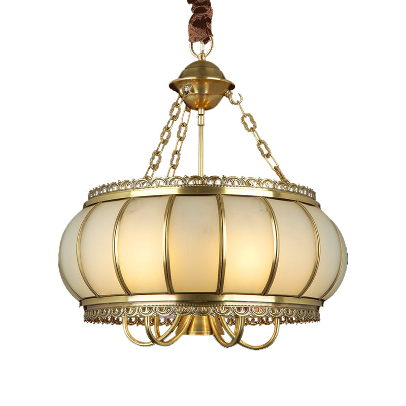 Drum Living Room Pendant Chandelier Colonial Opal Blown Glass 4 Heads Brass Hanging Ceiling Light