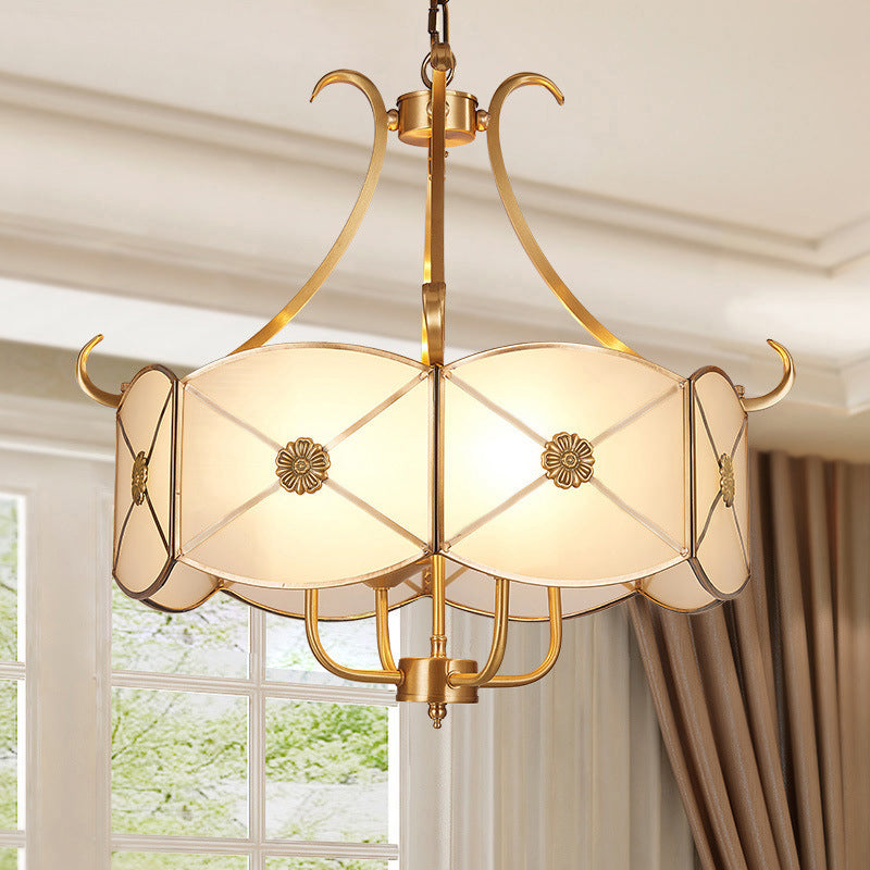 20 "/23,5" W White Glass Trum Lampone della lampada coloniale 4 teste Sala da pranzo Lampada a sospensione