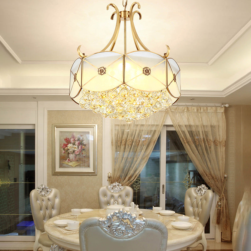 Drum Restaurant Ceiling Chandelier Colonial Ivory Glass 4 Heads Gold Hanging Light Fixture with Crystal Ball