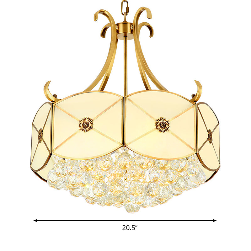 Drum Restaurant Ceiling Chandelier Colonial Ivory Glass 4 Heads Gold Hanging Light Fixture with Crystal Ball