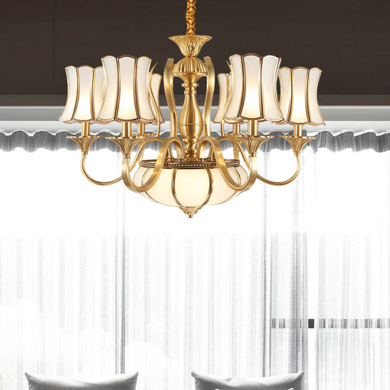 6 Heads Chandelier Lighting Colony Sputnik Metal Suspended Lighting in Gold with Scallope Frosted White Glass Shade