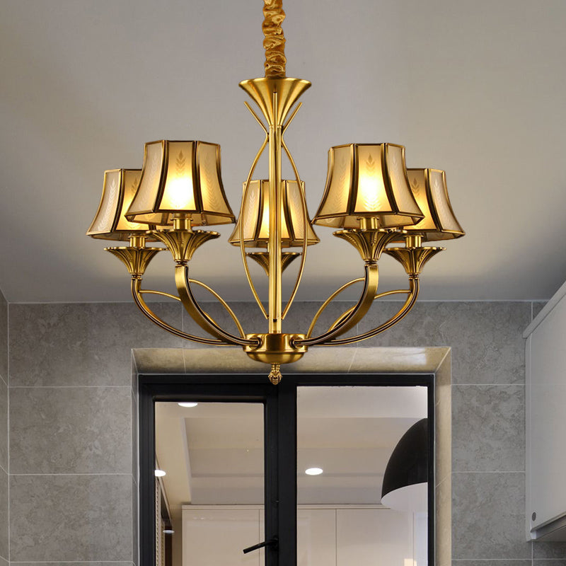 Gold Flared Chandelier Colonization Frosted White Glass 5/6/8 Heads Living Room Pendant Light with Curved Metal Arm