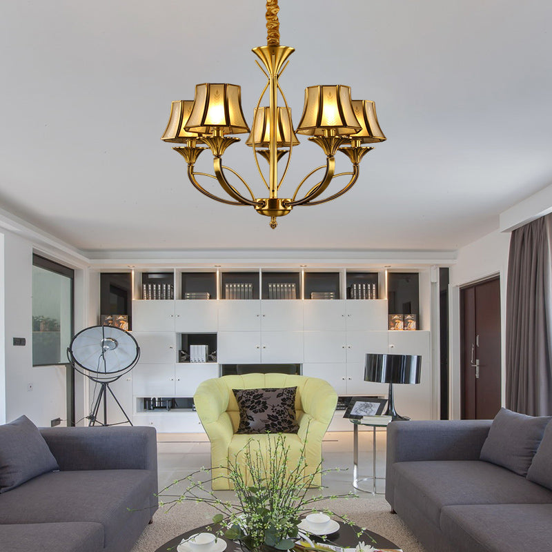 Gold Flared Chandelier Colonization Frosted White Glass 5/6/8 Heads Living Room Pendant Light with Curved Metal Arm