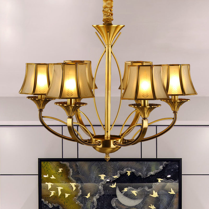 Gold Flared Chandelier Colonization Frosted White Glass 5/6/8 Heads Living Room Pendant Light with Curved Metal Arm