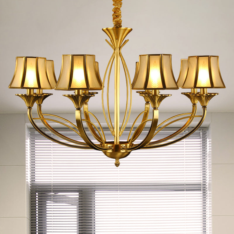 Gold Flared Chandelier Colonization Frosted White Glass 5/6/8 Heads Living Room Pendant Light with Curved Metal Arm