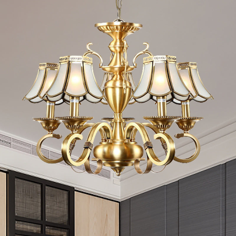 Frosted Glass Scalloped Chandelier Light Traditional 3/5 Lights Living Room Hanging Ceiling Lamp