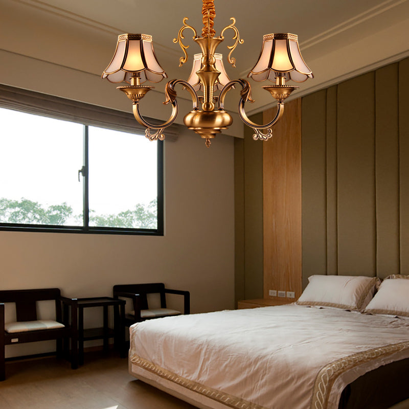 Frosted Glass Gold Pendant Chandelier Scalloped 3/5/6 Bulbs Colonial Suspended Lighting Fixture with Radial Design