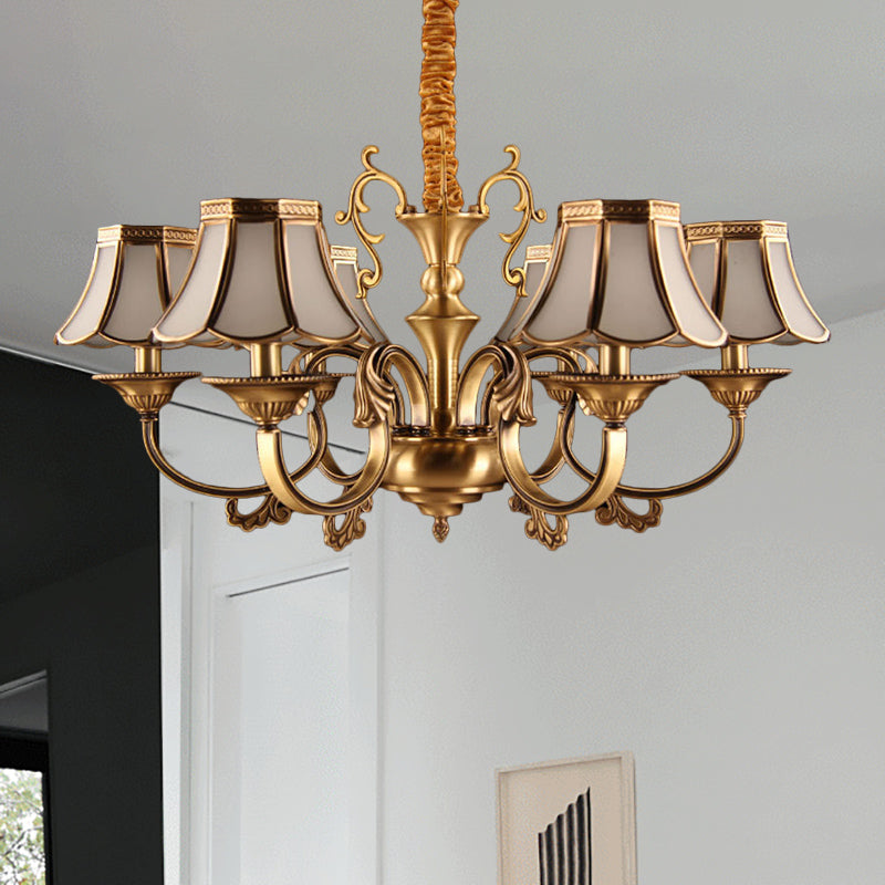 Frosted Glass Gold Pendant Chandelier Scalloped 3/5/6 Bulbs Colonial Suspended Lighting Fixture with Radial Design