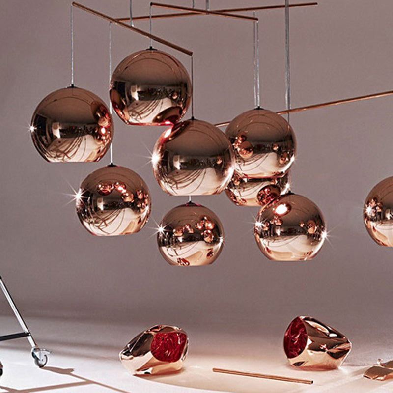 Mirrored Glass Globe Suspension Light Postmodern 1 Head Copper Pendant for Restaurant
