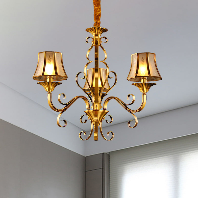 Curved Arm Metal Ceiling Chandelier Colonialism 3/5/6 Heads Living Room Suspension Lamp in Gold with Beige Frosted Glass Bell Shade