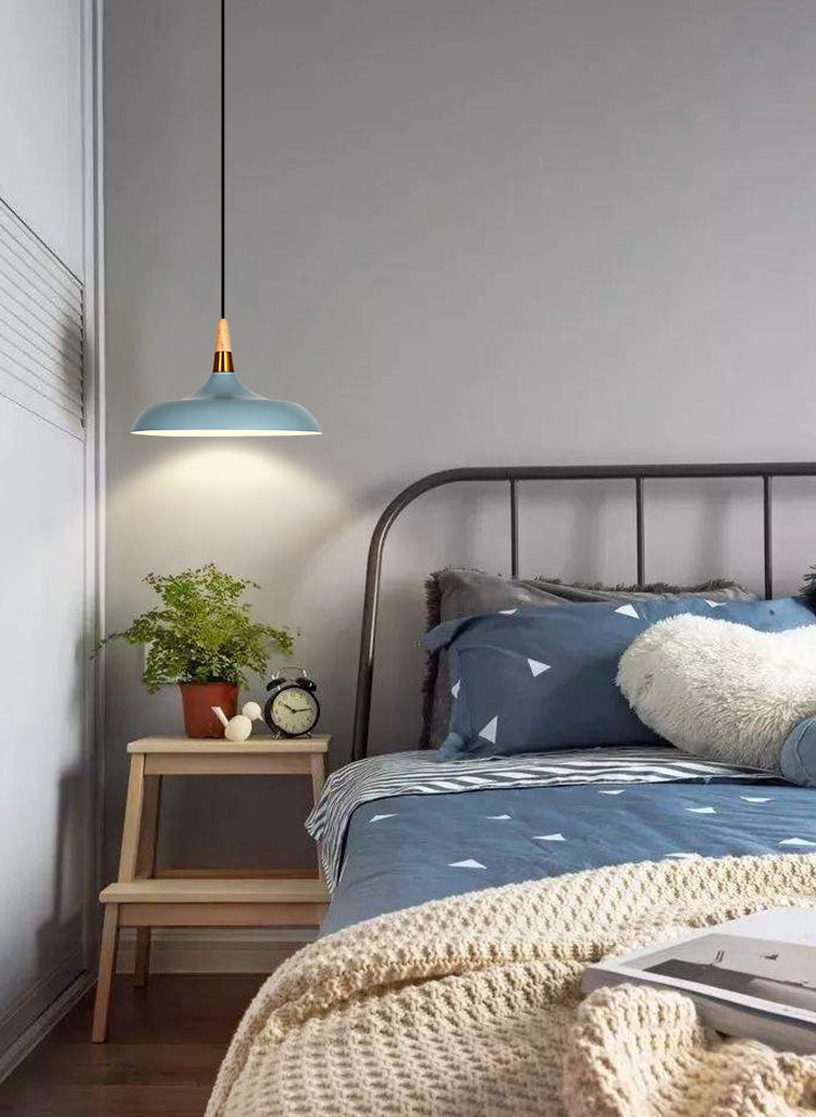 Macarons Industrial  Barn Shade Pendant Light Metal 1-Light Restaurant Pendant Lighting with Wooden Top