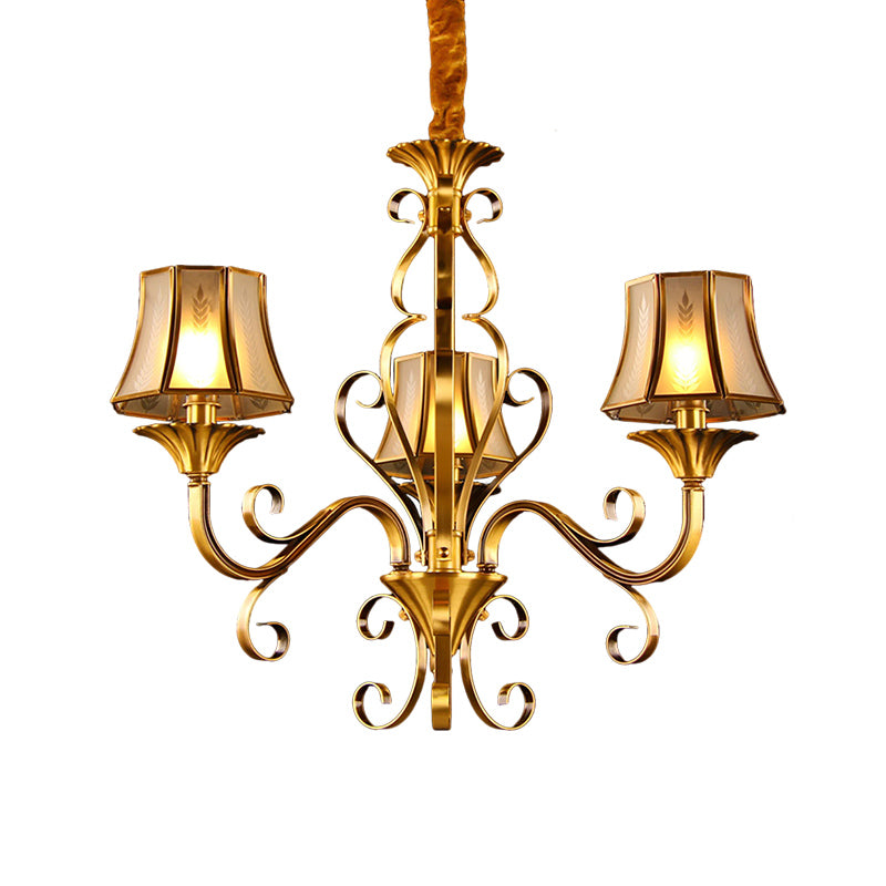 Curved Arm Metal Ceiling Chandelier Colonialism 3/5/6 Heads Living Room Suspension Lamp in Gold with Beige Frosted Glass Bell Shade