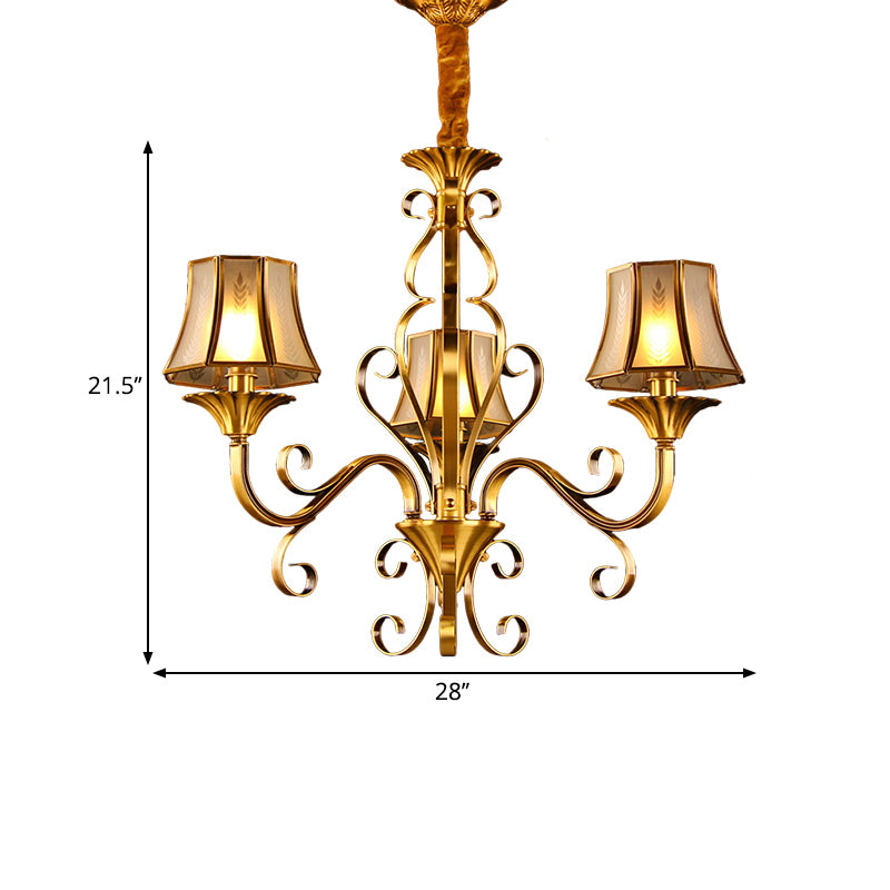 Curved Arm Metal Ceiling Chandelier Colonialism 3/5/6 Heads Living Room Suspension Lamp in Gold with Beige Frosted Glass Bell Shade