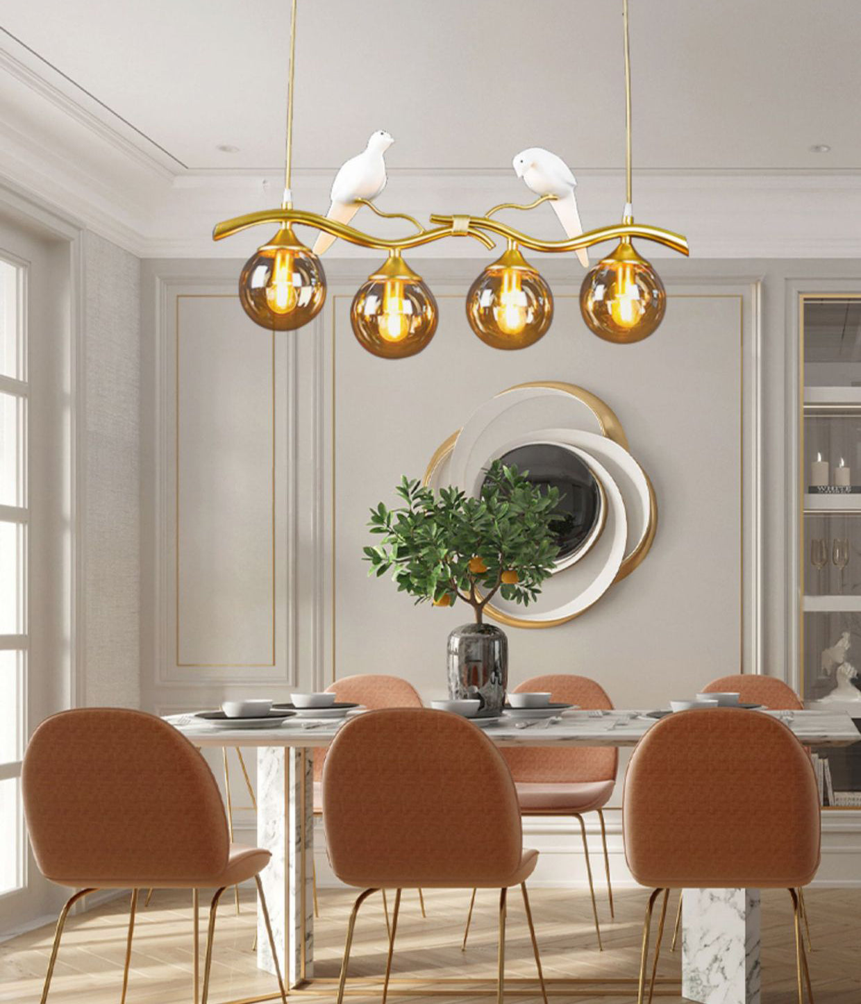 Lámpara de la isla esférica lámpara de vidrio moderno luz colgante con decoración de pájaros