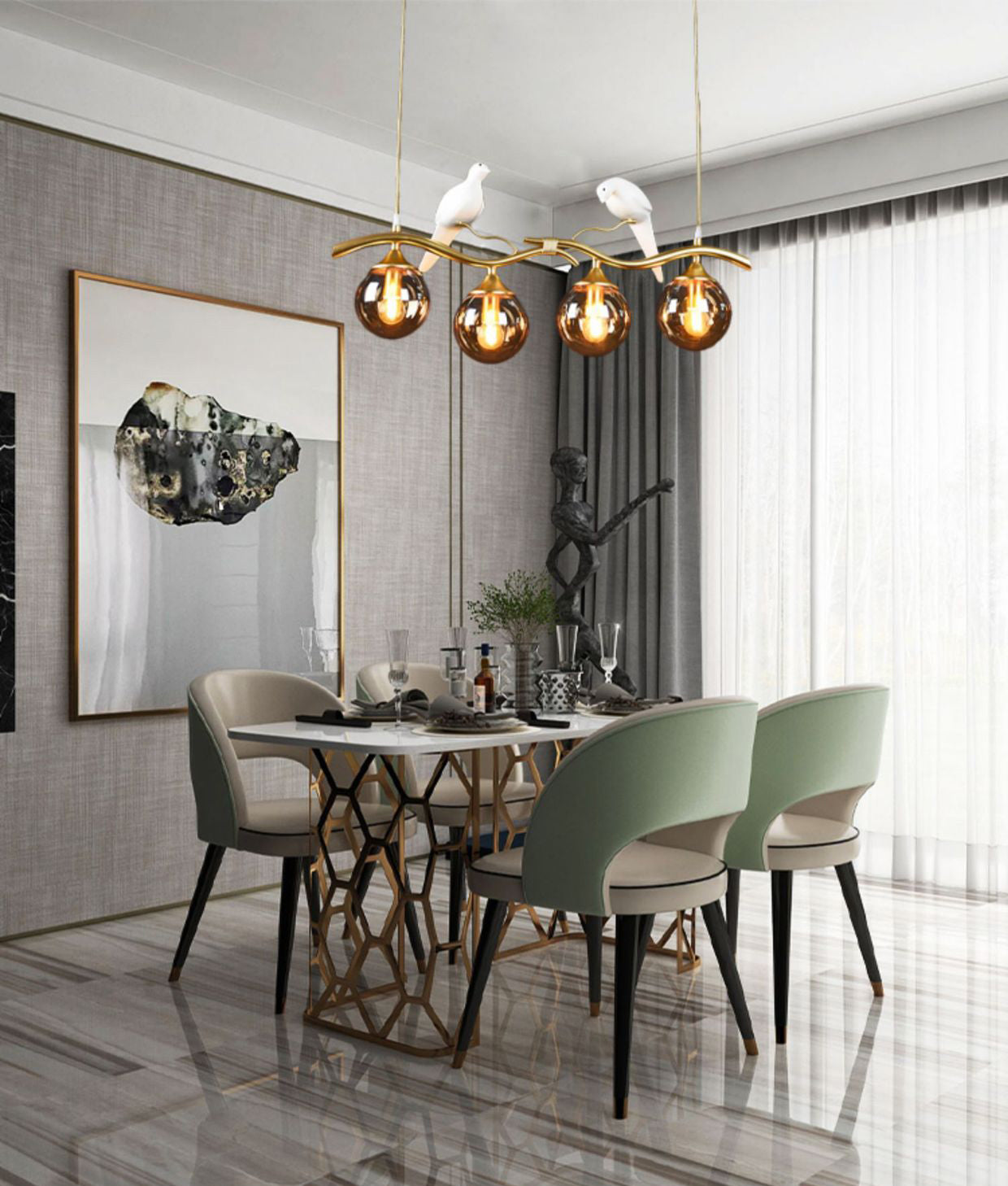 Lámpara de la isla esférica lámpara de vidrio moderno luz colgante con decoración de pájaros