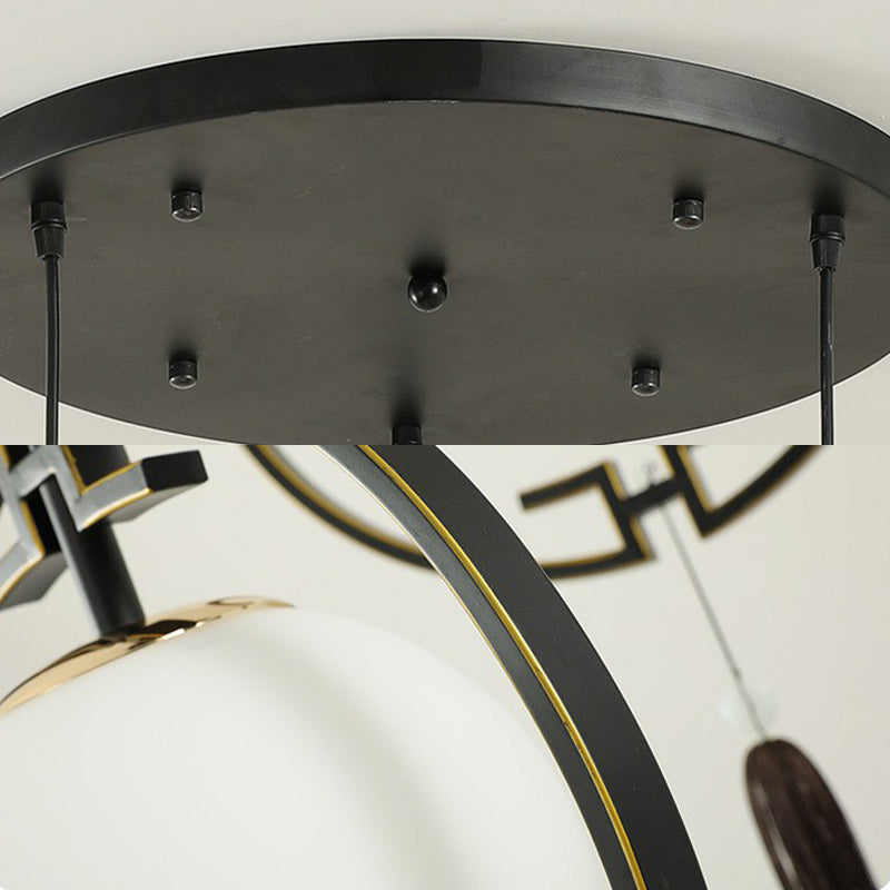 Black Cluster Globe Posting Light Chinoiserie Moderna lámpara de suspensión de vidrio blanco con anillo de borla