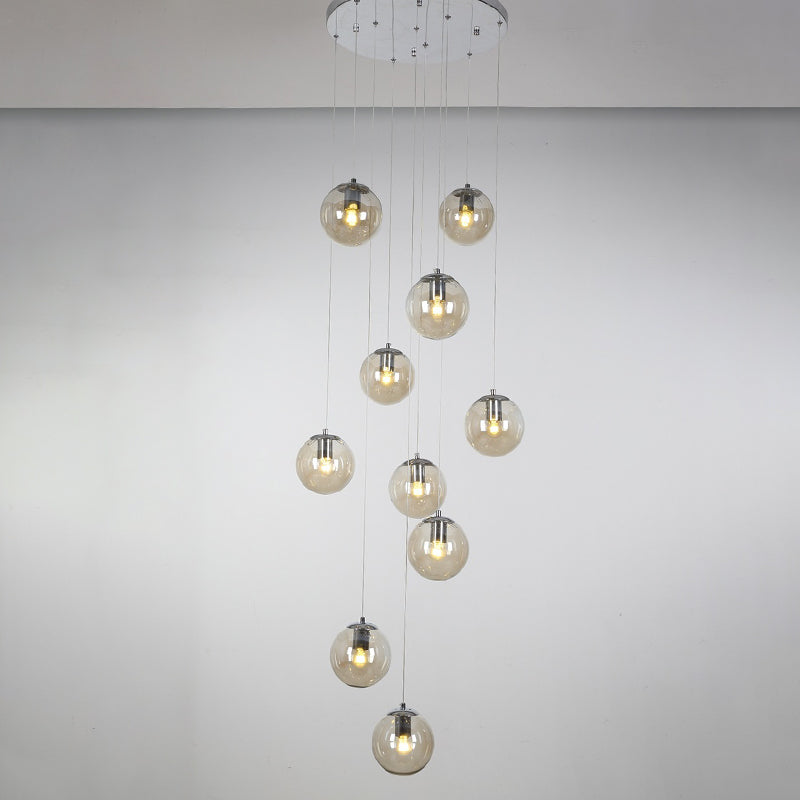 Cognac Glass Globe Ceiling Pendant Modern 10 Heads Hanging Light for Spiral Stairs