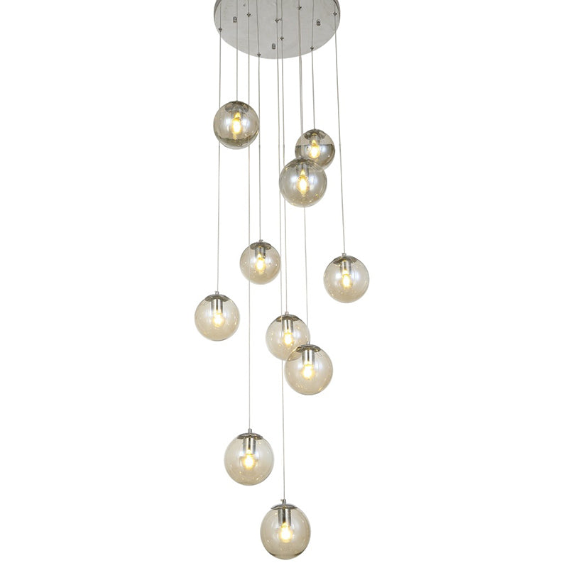 Cognac Glass Globe Ceiling Pendant Modern 10 Heads Hanging Light for Spiral Stairs