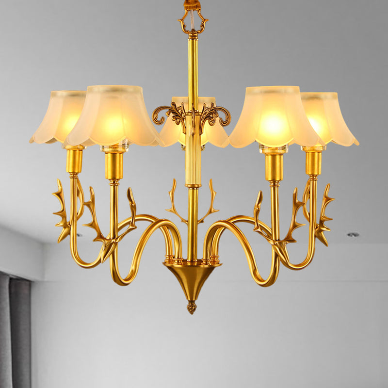 Scalloped Dining Room Hanging Lamp Colonial Frosted Glass 3/5/6 Lights Gold Finish Chandelier Light Fixture