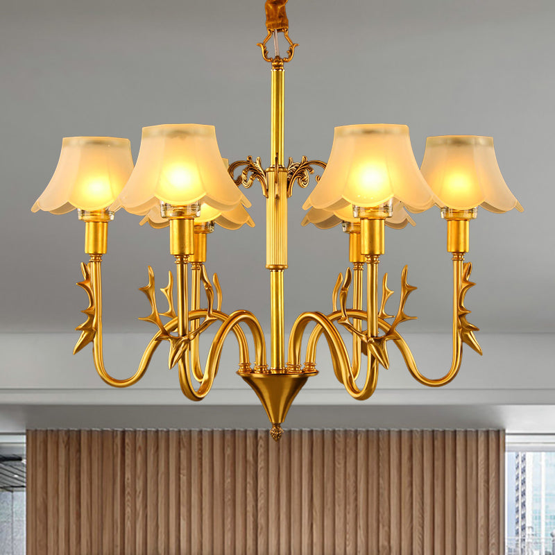 Scalloped Dining Room Hanging Lamp Colonial Frosted Glass 3/5/6 Lights Gold Finish Chandelier Light Fixture