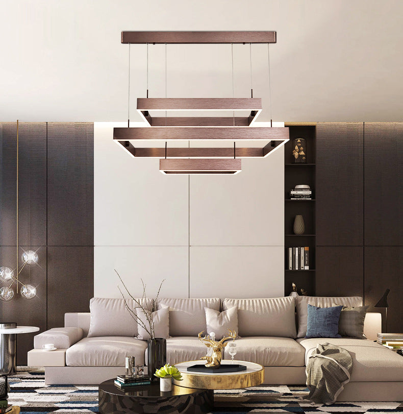 3-Tier Square LED Pendant Light Modern Metal Coffee Finish Chandelier for Living Room