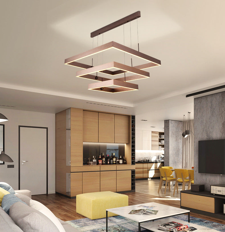 3-Tier Square LED Pendant Light Modern Metal Coffee Finish Chandelier for Living Room