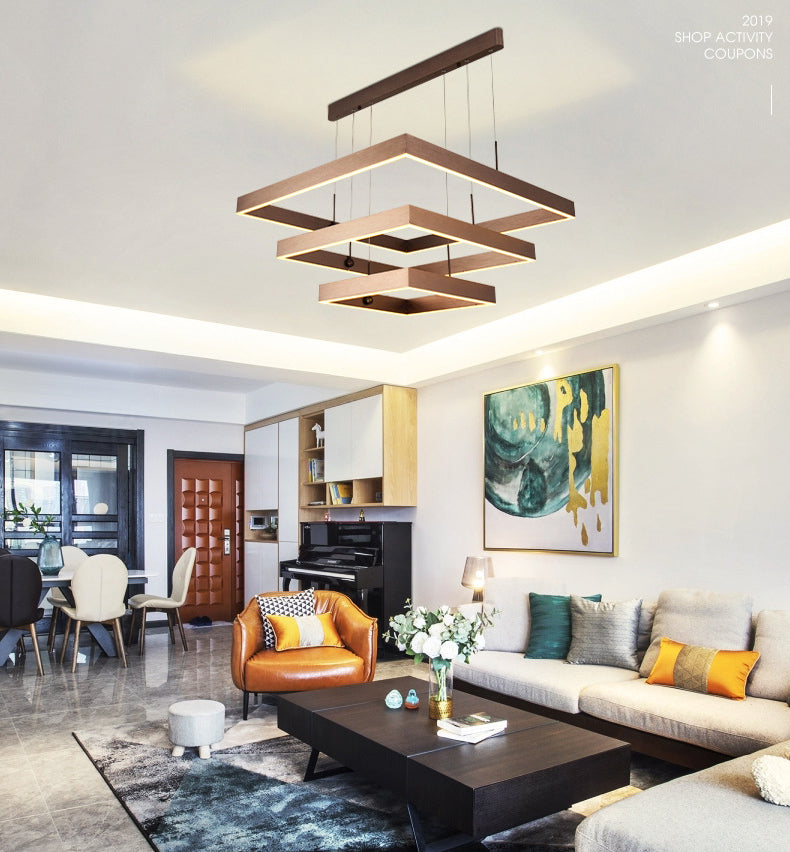 3-Tier Square LED Pendant Light Modern Metal Coffee Finish Chandelier for Living Room