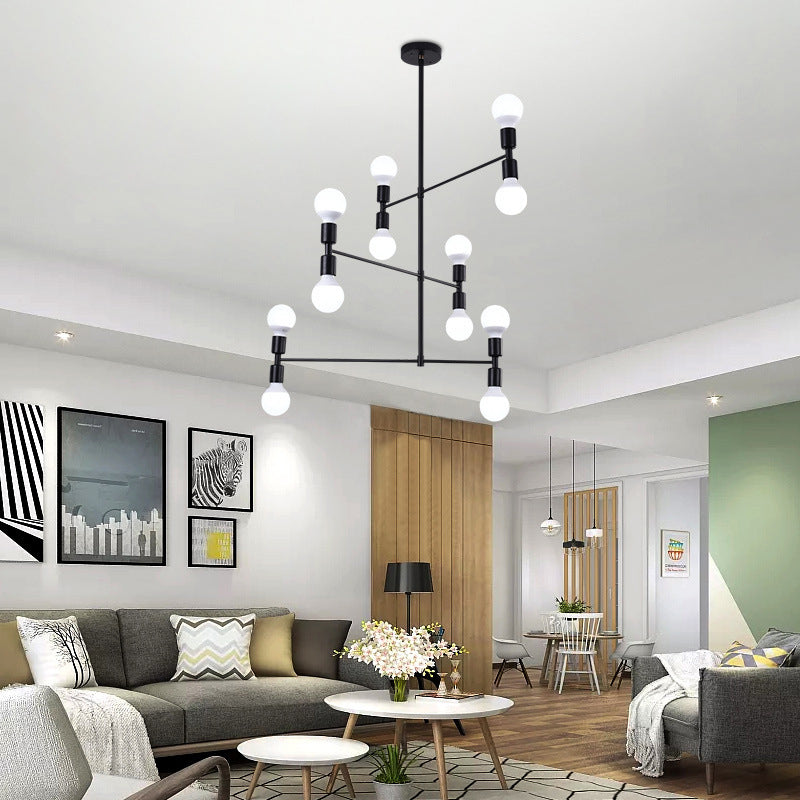 Postmodern 3-Arm Chandelier Metallic 12-Bulb Living Room Hanging Lamp with Shadeless Design