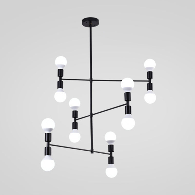 Postmodern 3-Arm Chandelier Metallic 12-Bulb Living Room Hanging Lamp with Shadeless Design