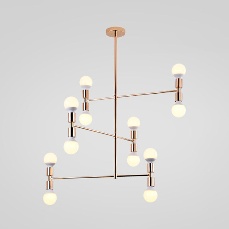 Postmodern 3-Arm Chandelier Metallic 12-Bulb Living Room Hanging Lamp with Shadeless Design