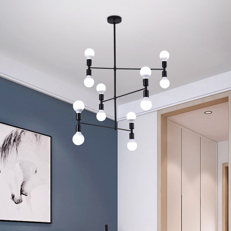 Postmodern 3-Arm Chandelier Metallic 12-Bulb Living Room Hanging Lamp with Shadeless Design