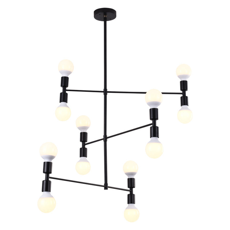 Postmodern 3-Arm Chandelier Metallic 12-Bulb Living Room Hanging Lamp with Shadeless Design