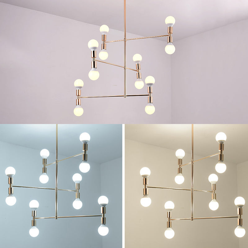 Postmodern 3-Arm Chandelier Metallic 12-Bulb Living Room Hanging Lamp with Shadeless Design