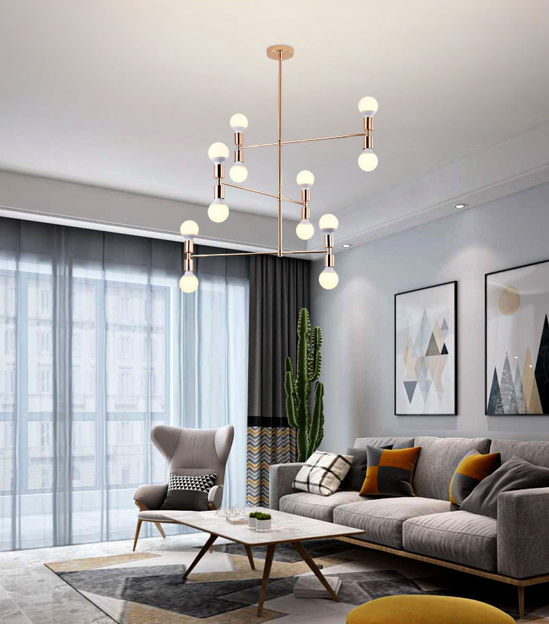 Postmodern 3-Arm Chandelier Metallic 12-Bulb Living Room Hanging Lamp with Shadeless Design