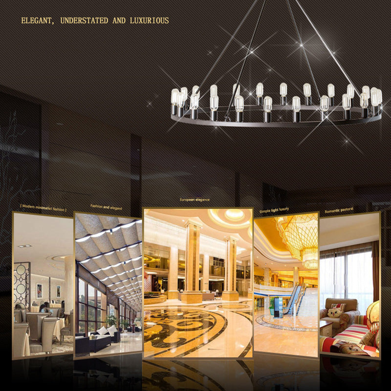 24-Lights Industrial Style Large Chandelier 47" Diameter Round Wrought Iron Lighting Fixture for Bar Restaurant