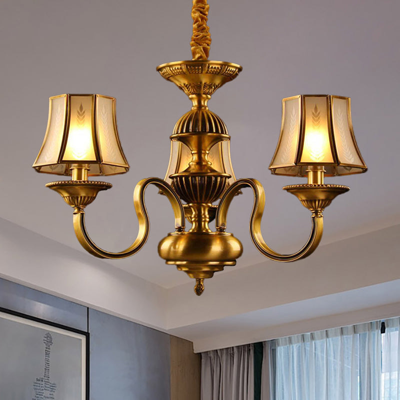 3/5/6 Lights Flared Chandelier Lighting Colonialism Gold Frosted Glass Hanging Ceiling Lamp