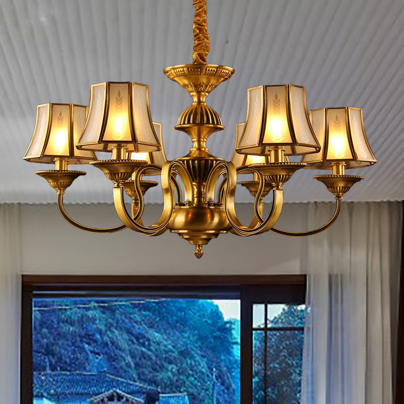 3/5/6 Lights Flared Chandelier Lighting Colonialism Gold Frosted Glass Hanging Ceiling Lamp