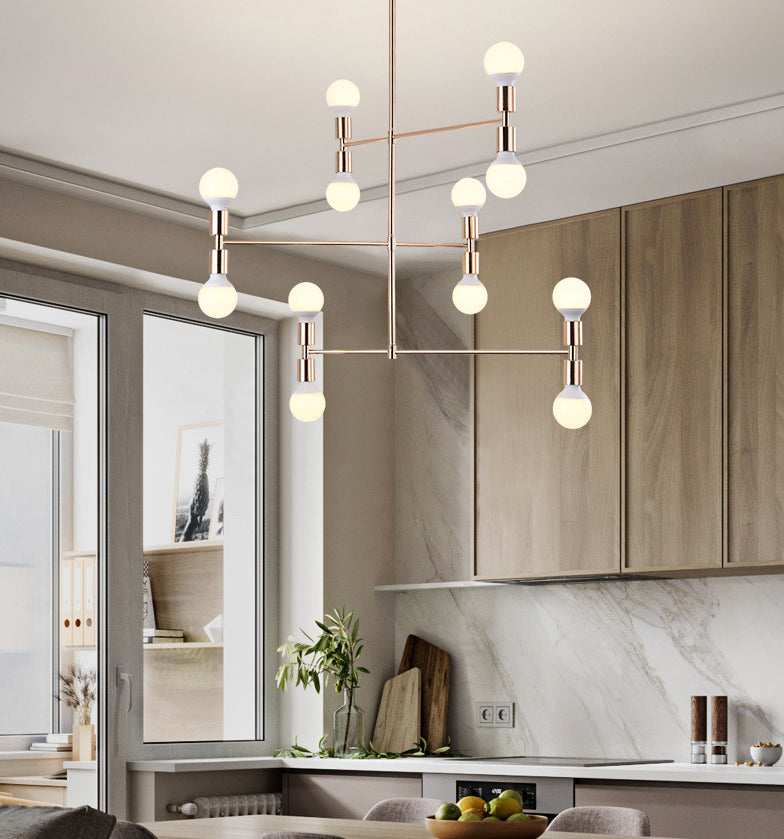 Postmodern 3-Arm Chandelier Metallic 12-Bulb Living Room Hanging Lamp with Shadeless Design