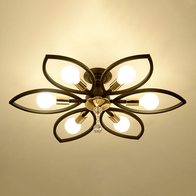Floriated Semi Flush Mount in Industrial Retro Style Bare Bulb Metal Ceiling Light in Black