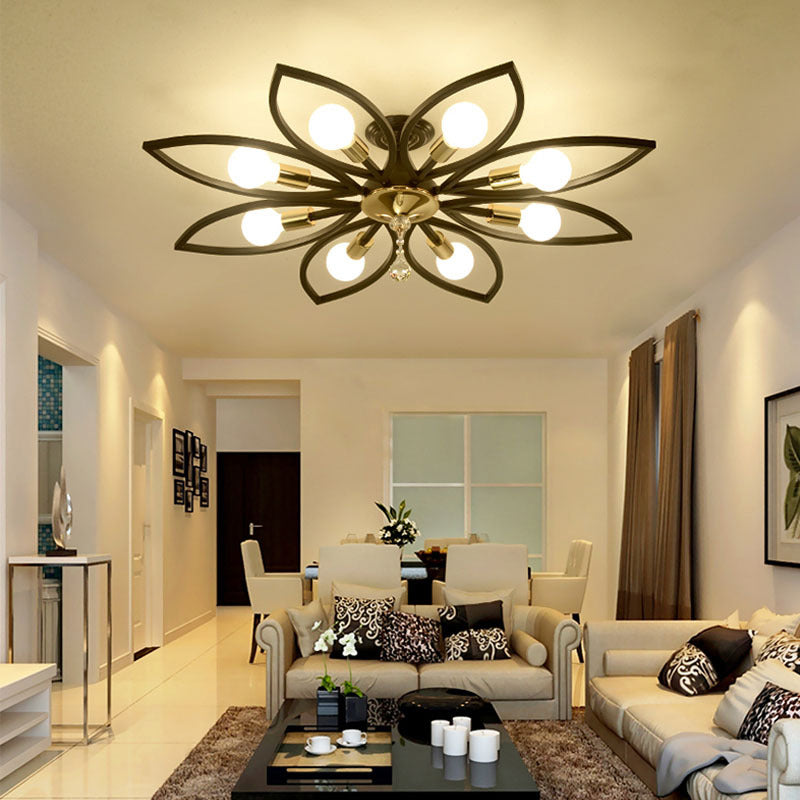 Floriated Semi Flush Mount in Industrial Retro Style Bare Bulb Metal Ceiling Light in Black