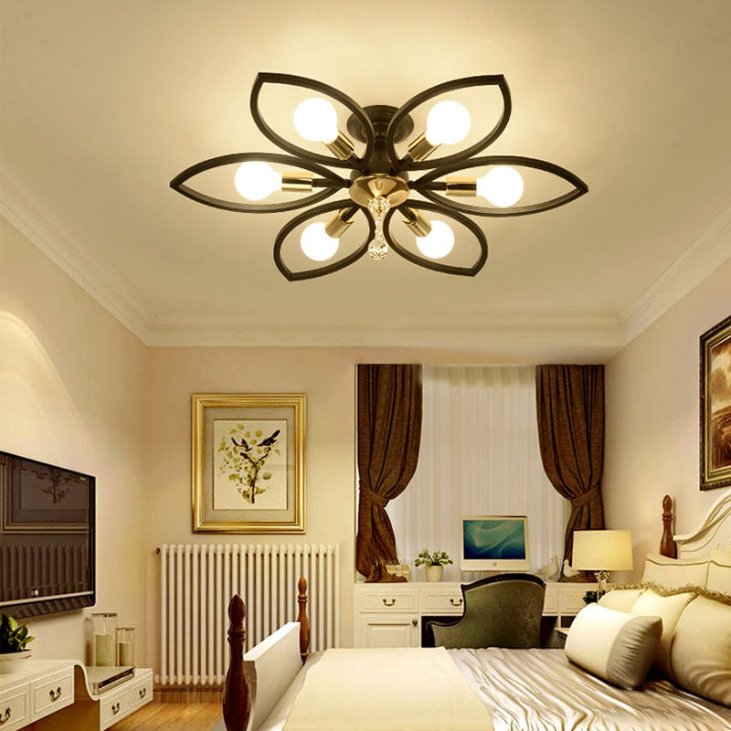 Floriated Semi Flush Mount in Industrial Retro Style Bare Bulb Metal Ceiling Light in Black