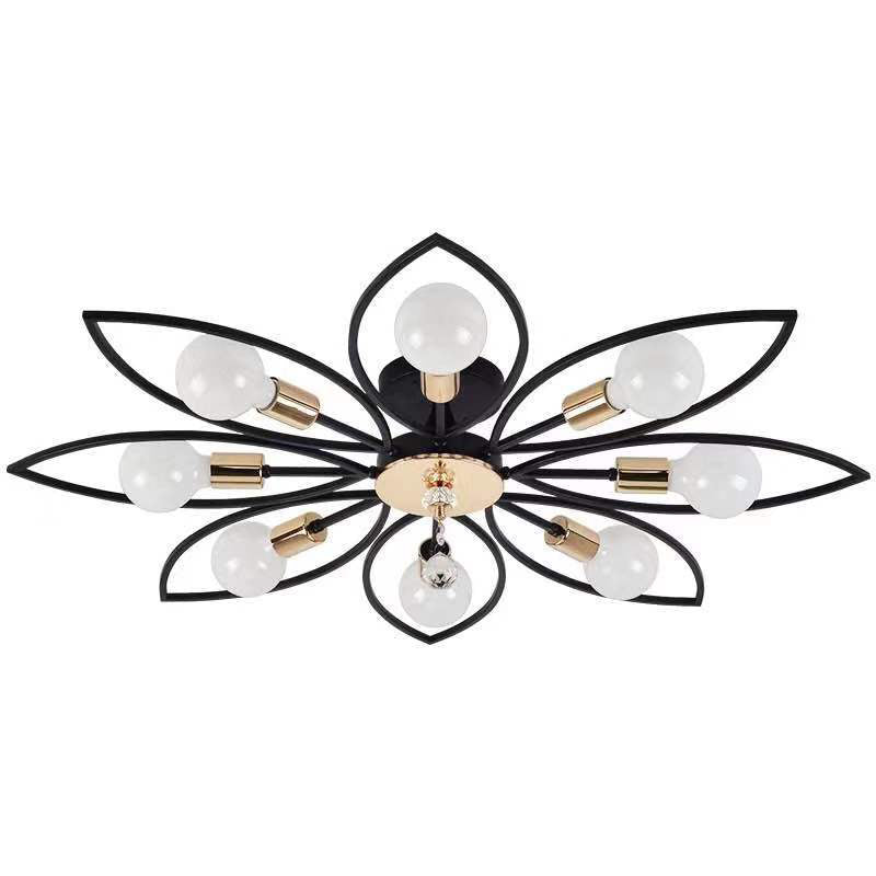 Floriated Semi Flush Mount in Industrial Retro Style Bare Bulb Metal Ceiling Light in Black