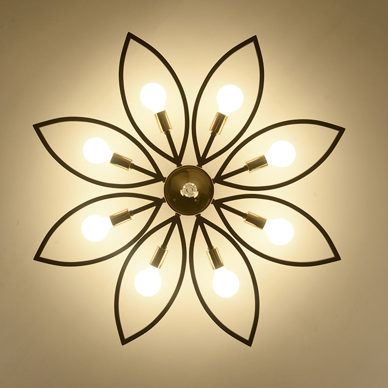 Floriated Semi Flush Mount in Industrial Retro Style Bare Bulb Metal Ceiling Light in Black