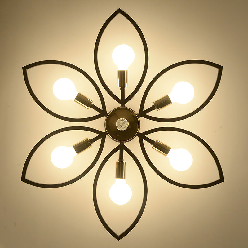 Floriated Semi Flush Mount in Industrial Retro Style Bare Bulb Metal Ceiling Light in Black